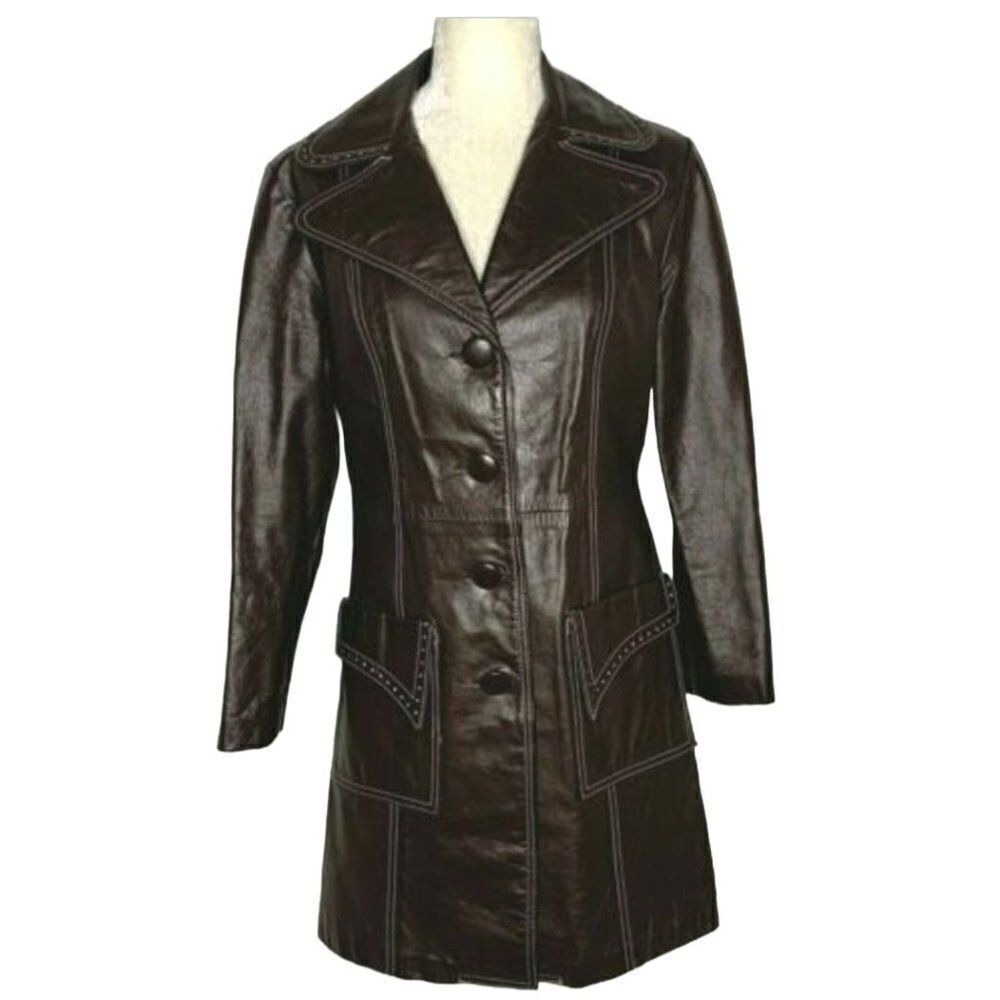 Vtg 70's Western Leather Trench Coat Sz S Brown Cowgirl Contrast Stitching